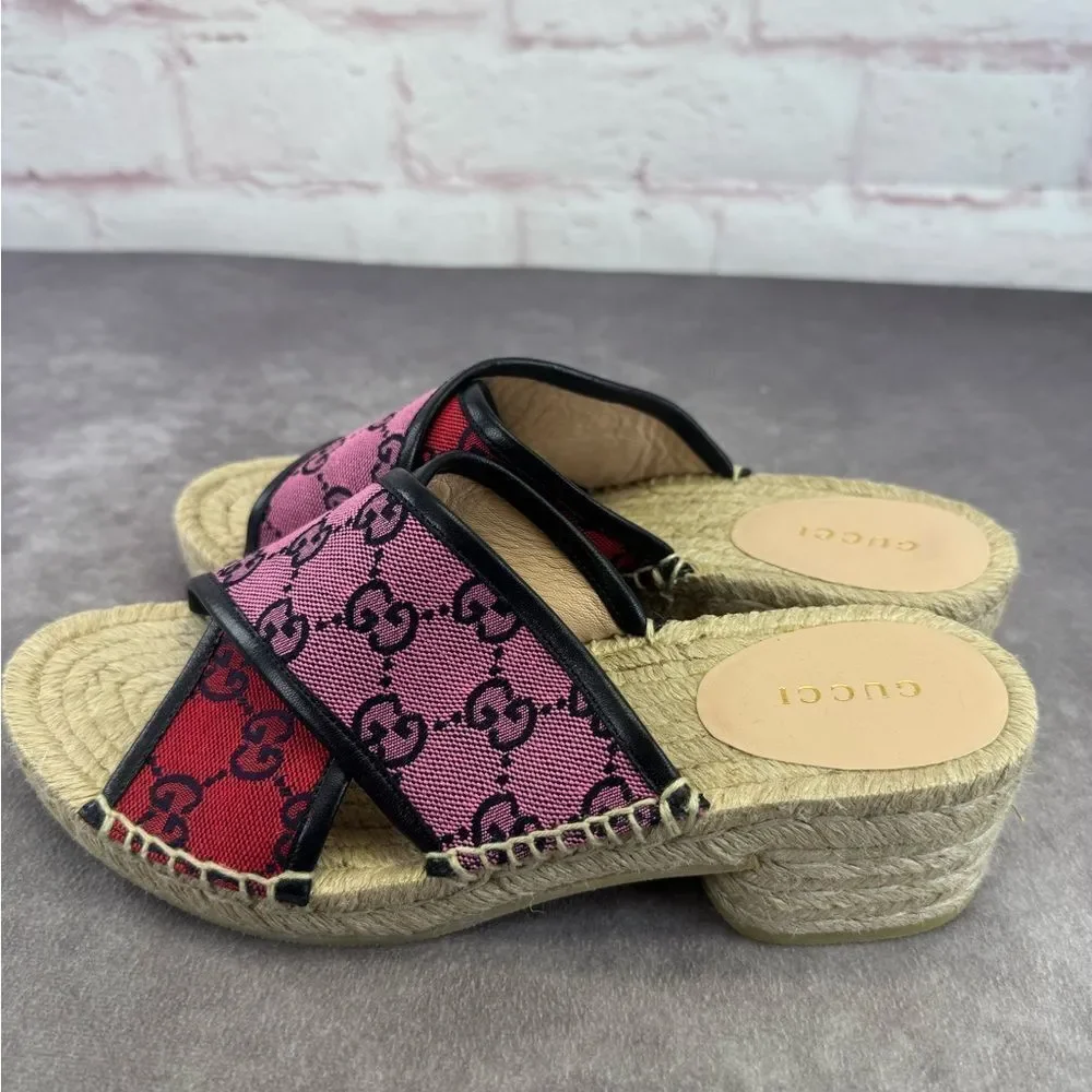 Gucci Multicolor Criss Cross Strap Red and Pink Espadrille Sandals Slides 37